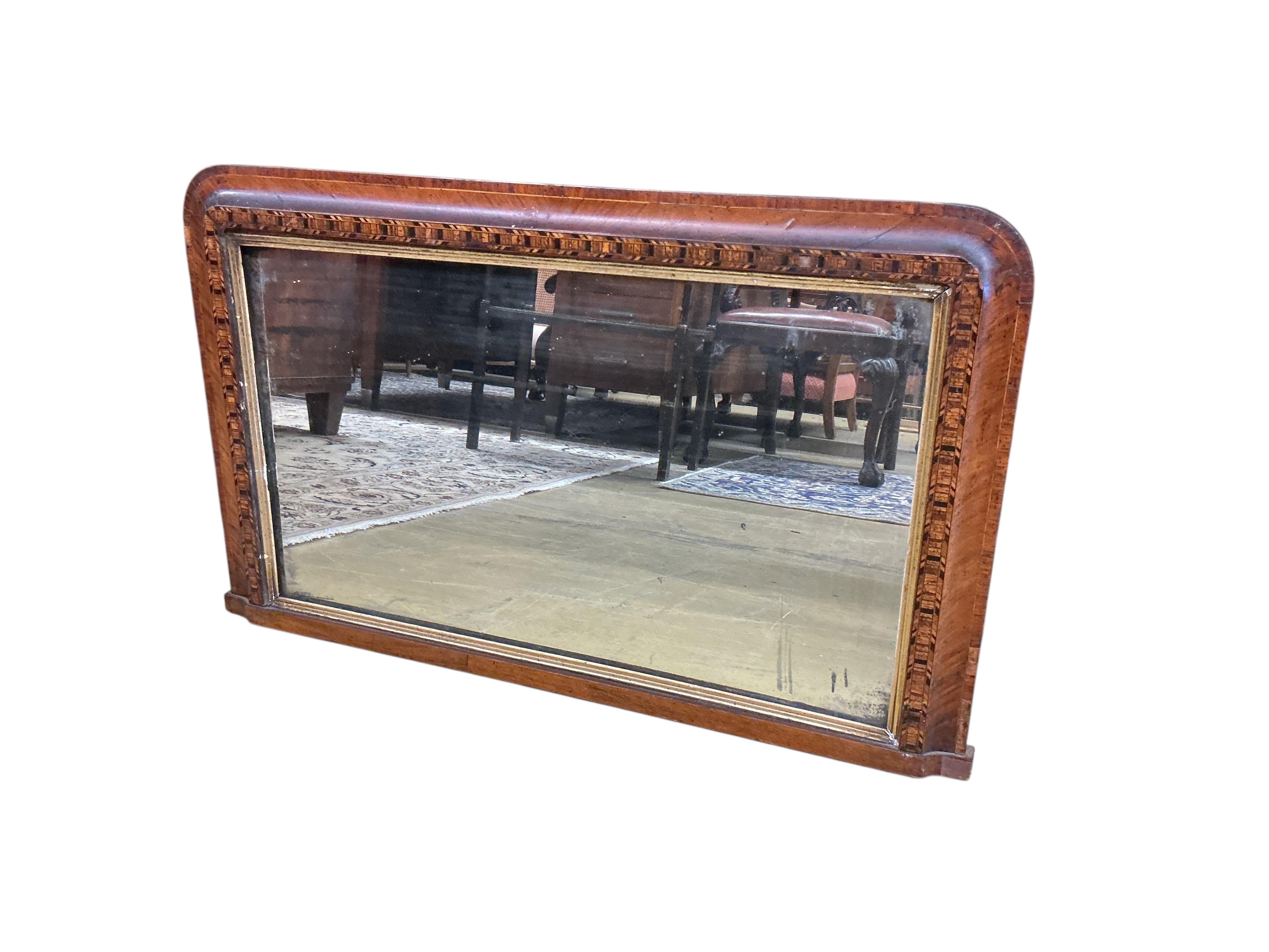 A Victorian walnut and parquetry inlaid overmantel mirror, width 88cm, height 54cm
